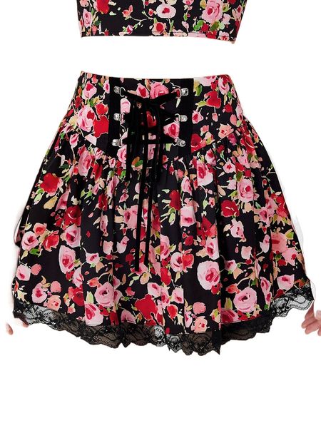 

mod floral print lace up front lace trim skirt b06c#, Black