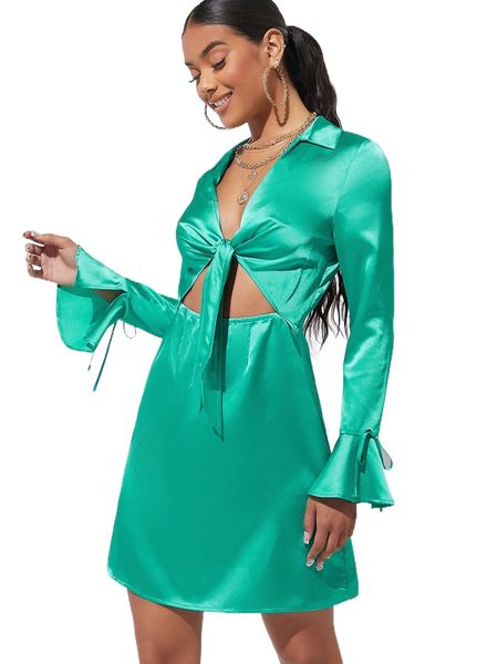 

bae knot front cut out flounce sleeve satin dress a7hc#, Black;gray