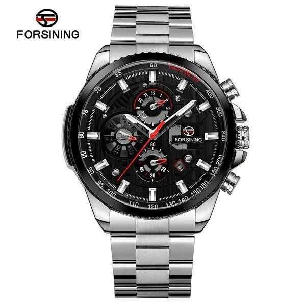 

style forsining new automatic watch mens multi-function stainless waterproof complete calendar military automatic watches montre relogio, Slivery;brown