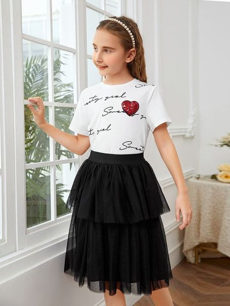 

girls letter graphic sequin heart tee and mesh skirt set she, White