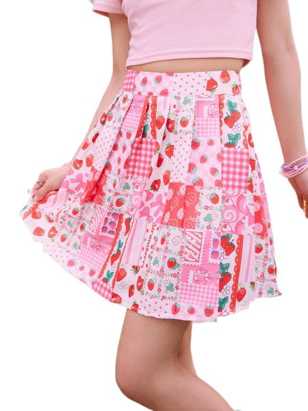 

romwe kawaii patchwork pleated skirt d7t8#, Black