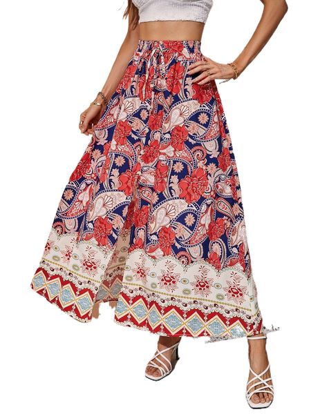 

paisley print knot front split hem skirt u1cc#, Black