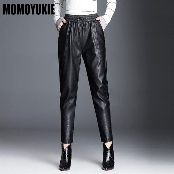 

harajuku winter warm thick pu leather high waist women's s harem pants for women baggy woman trousers plus size 220325, Black;white