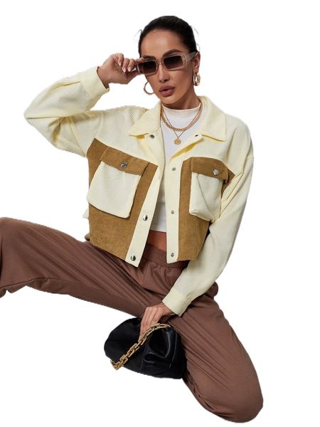 

contrast panel flap pocket drop shoulder corduroy jacket k89i#, Black;brown