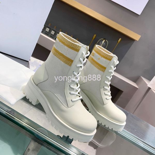 

boots high end quality autumn winter leather thick heel soled martin boots women's knitted elastic medium tube thin, Black