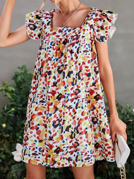 

allover print square neck ruffle trim dress w4rp#, Black;gray
