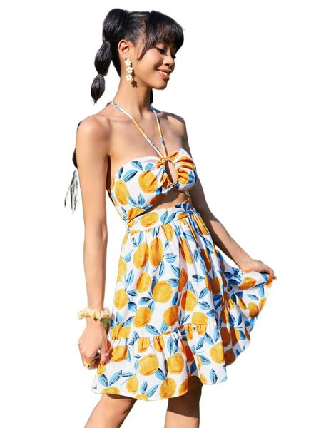 

fruit print tie back cutout ruffle hem shirred halter dress g2dg#, Black;gray