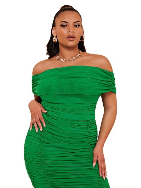 

bae plus off shoulder ruched mesh tee k7oa#, Black