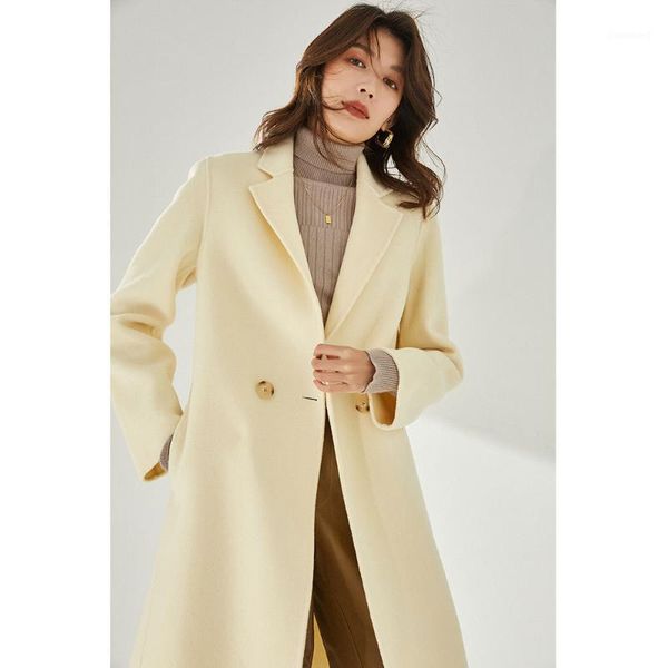 Misturas de lã feminina 2022 Autumn Winter Korean amarelo de cashmere casal de cashmere, de comprimento médio de peito de peito duplo
