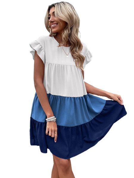 

color block flounce sleeve ruffle hem smock dress k8lk#, Black;gray