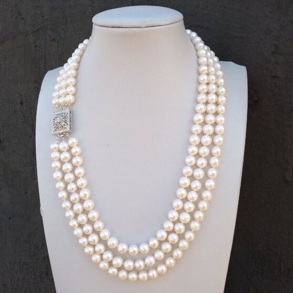 

triple strand natural south sea white pearl necklace 181920&quot, Silver