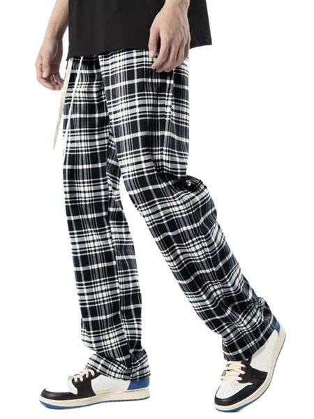 

men plaid drawstring waist pants t4bi#, Black