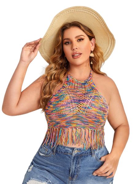 

plus space dye tie backless tassel trim halter knit r2ij#, Black