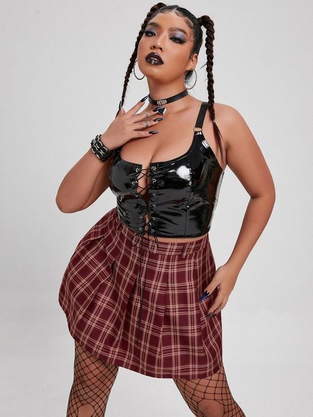 

plus lace up front pu cami o4h4#, Black