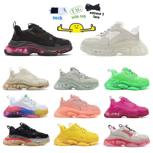 

new running shoes man and woman triple s clear sole white beige neon green pink red colorful rainbow