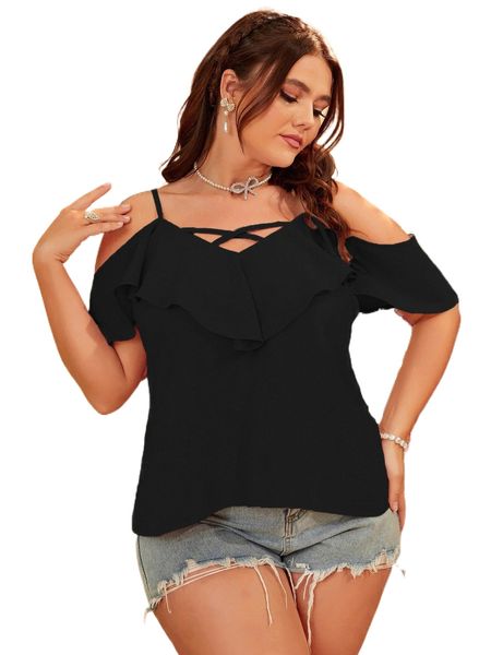 

plus solid ruffle criss cross cold shoulder blouse s6z2#, Black