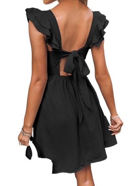 

tie back layered ruffle a-line dress n2lp#, Black;gray