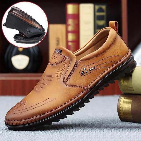 

pure color fashion all match men s shoes men driving soft leather peas casual flat breathable non slip business 220808, Black