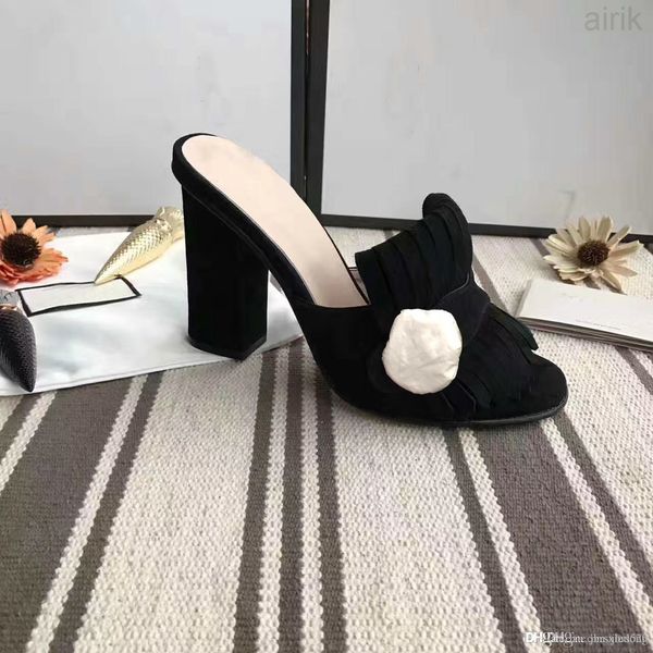 

classic women sandals lady summer suede sandals metal buckle leather high heeled shoes coarse heel10cm half slippers large size 34-42, Black