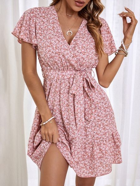 

ditsy floral print belted surplice neck dress k3jt#, Black;gray