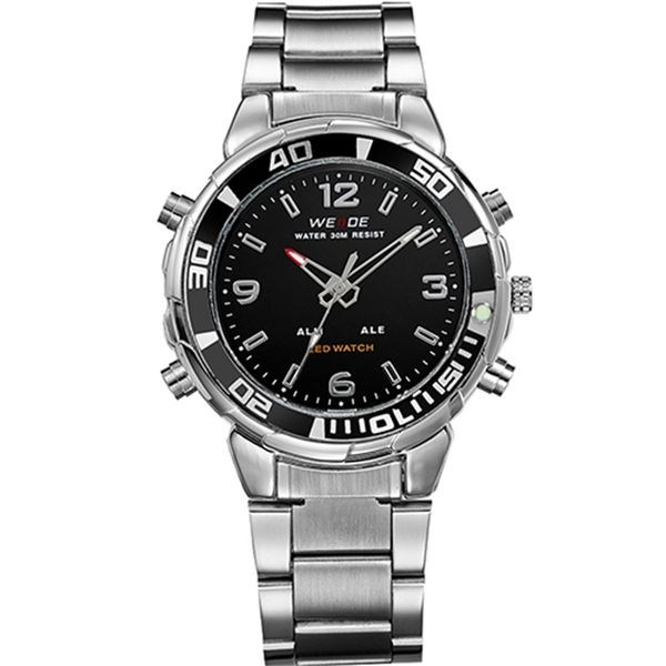 

watches luxury weide sports army satch steel strap quartz military led alarm luminous analog digital wristwatches relogios masculino, Slivery;black