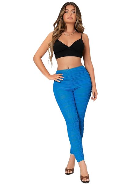 

solid ruched mesh leggings o5v3#, White;black