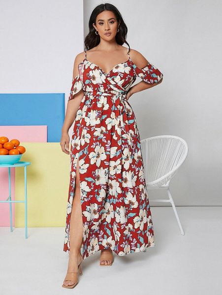 

plus allover floral print cold shoulder split thigh belted dress r7eq#, Black