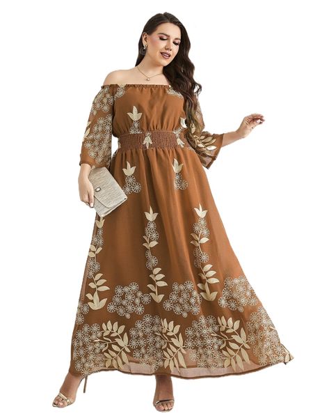 

plus plant print off shoulder shirred waist dress v1bd#, Black