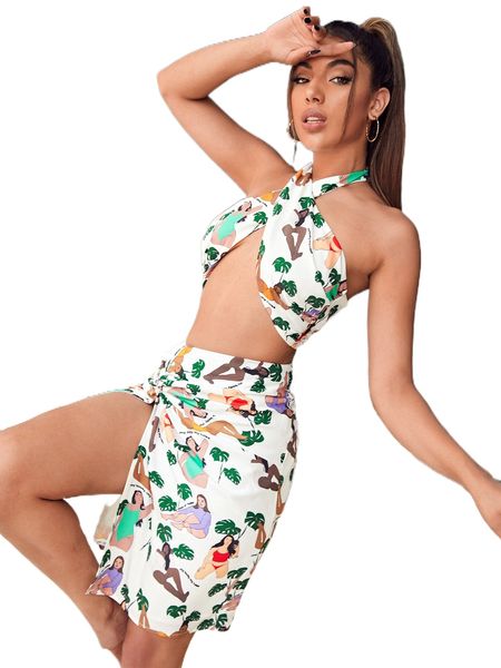 

x ebib tropical and figure print shirred back crisscross halter & split skirt set i7ah#, White