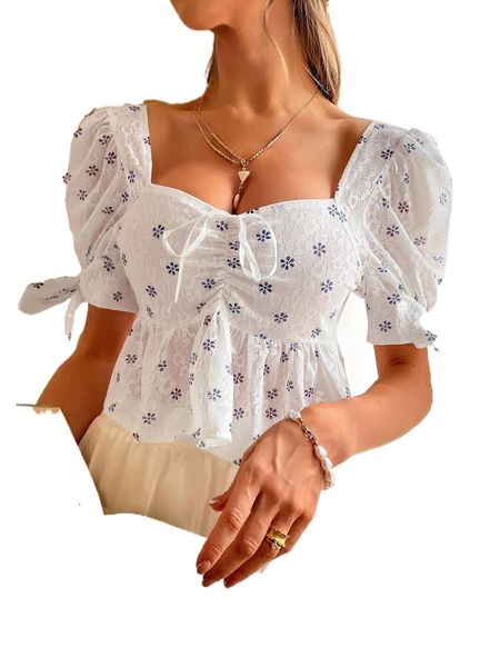 

floral print ruched bust lace c7wa#, White