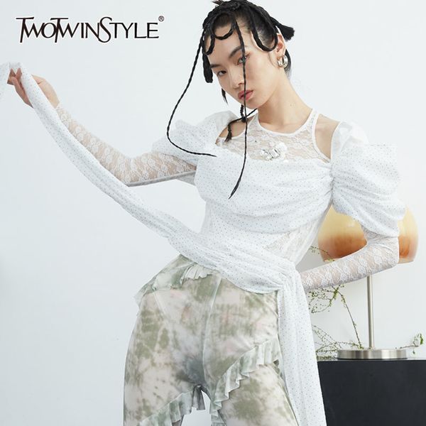 

vintage polka dot shirt for women square collar puff sleeve patchwork lace short blouse female fashion 210423, White