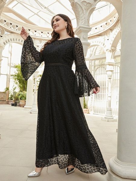 

plus flounce sleeve lace formal dress m5ru#, Black