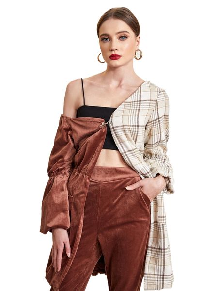 

x anissa benazza asymmetrical neck spliced plaid coat g6yh#, Black