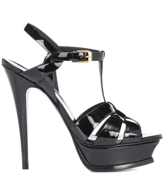 Lüks Tasarımcı Kadın Sandal Tribute Patent Deri Platformu Sandalet Stiletto Highs Topuk Ayakkabı Toe Açık T-kayış Yüksek Topuklu Sandalet Kutusu
