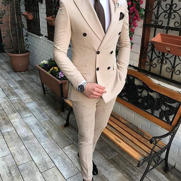 

beige mens suit 2 pieces doublebreasted notch lapel flat slim fit casual tuxedos for weddingblazerpants 220704, White;black