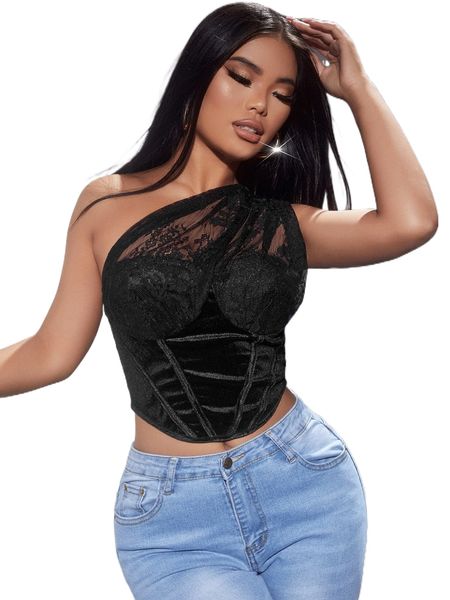 

sxy contrast lace one shoulder bustier velvet j9ol#, White