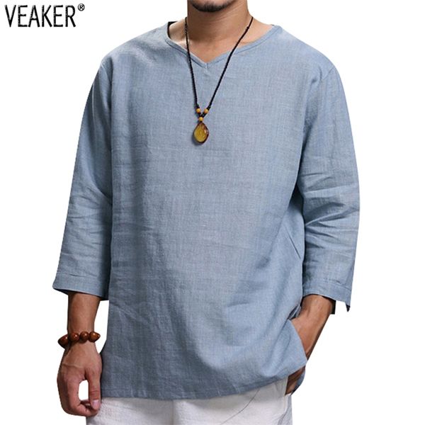 

mens v neck cotton t shirts male breathable solid color long sleeve casual loose linen tshirt m4xl 220728, White;black
