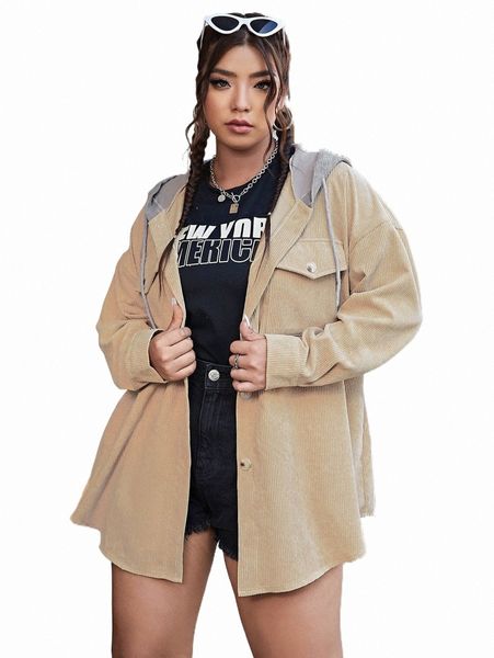 

plus drop shoulder drawstring hooded corduroy coat b0nj#, Black