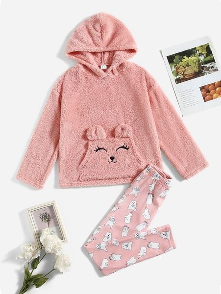 

girls cartoon embroidered kangaroo pocket hooded teddy & leggings she, White