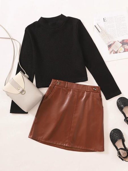 

girls mock neck tee & pu leather skirt she, White