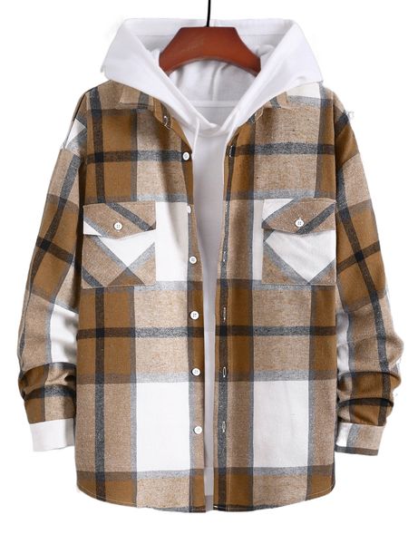 

men 1pc plaid flap pocket drop shoulder shirt l3qs#, White;black