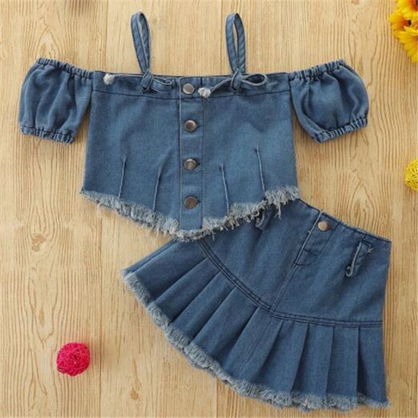 

children's girls clothing sets summer denim sling one-shoulder + pleated skirt two-piece suit kids baby clothes, White