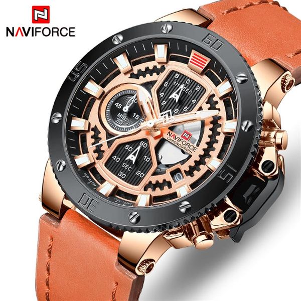

naviforce mens watches brand luxury quartz gold watch men leather military waterproof sport wristwatch relogio masculino256k, Slivery;brown