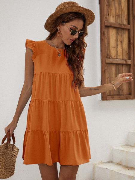 

butterfly sleeve keyhole back ruffle hem smock dress 53dz#, Black;gray