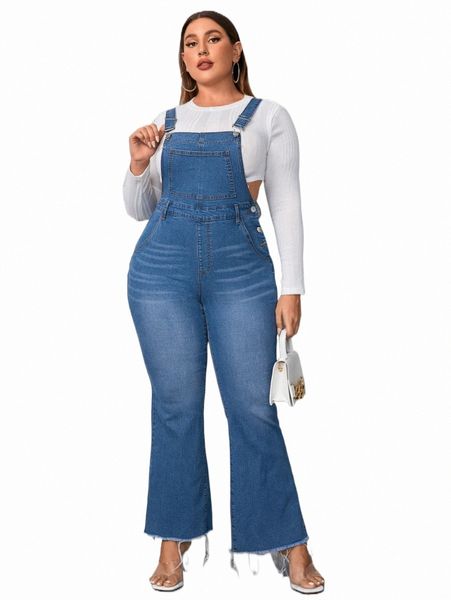 

plus 1pc bleach wash frayed hem flare leg denim overalls w8c7#, Black;white