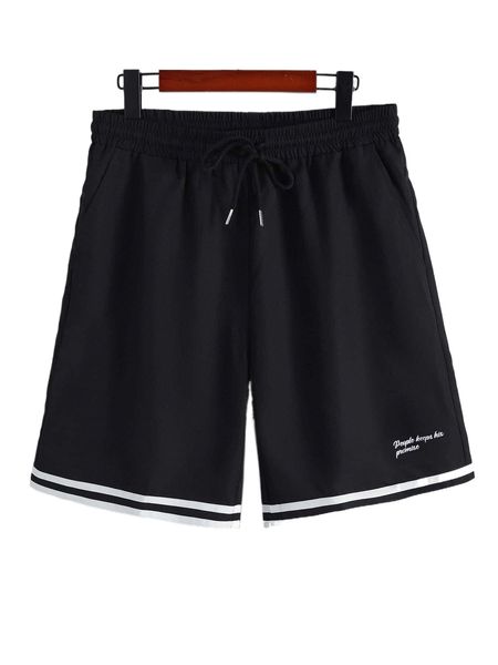 

men slogan graphic stripe trim drawstring waist shorts 652p#, White;black