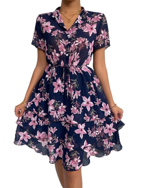 

floral print layered hem dress b75c#, Black;gray