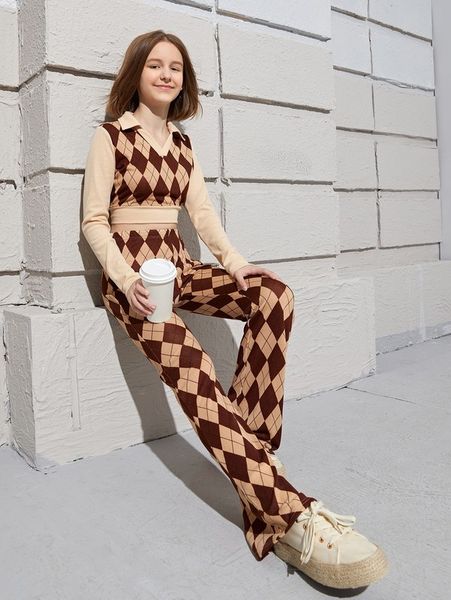 

teen girls argyle print crop tee & pants set she, White