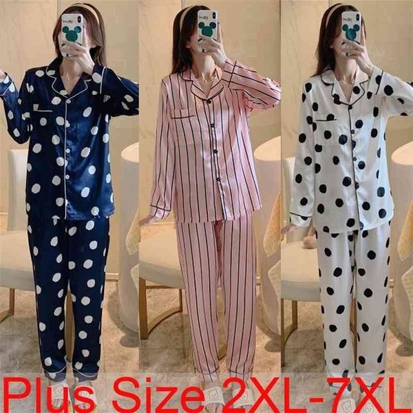 

plus size 2xl7xl women silk satin pajamas set with pants long sleeve turndown collar pyjama pijama sleepwear 210325, Black;red