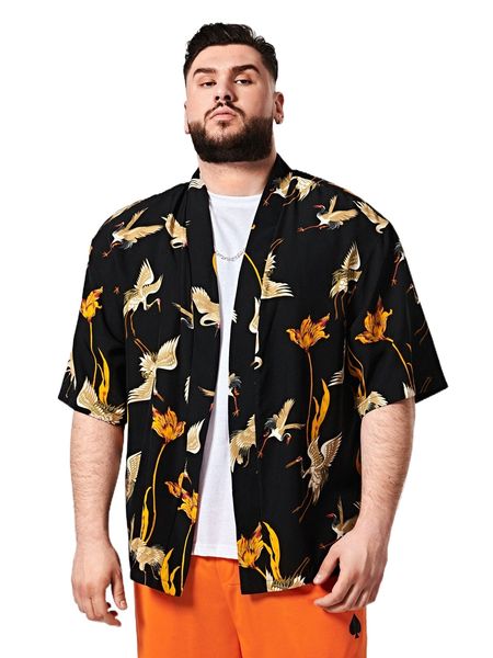 

extended sizes men floral & crane print shirt y8eb#, White;black